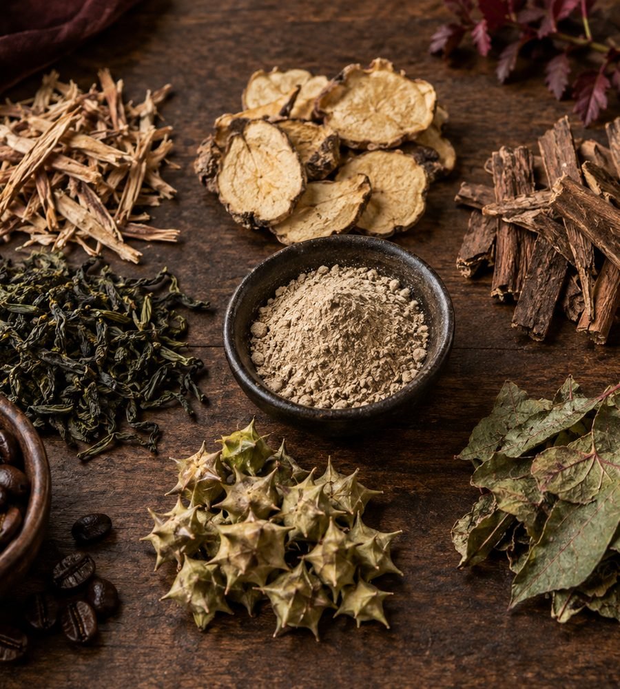 Muira Puama bark, maca root, catuaba bark, green tea leaves, ashwagandha powder, tribulus pods, horny goat weed leaves and coffee beans arranged on a wood surface — representative photo of the SodaPeak botanical blend