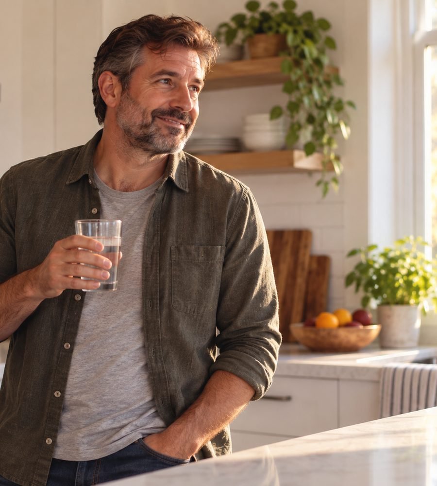 Man smiling with a glass of water in a bright kitchen in the morning — symbolic image of a calm daily routine