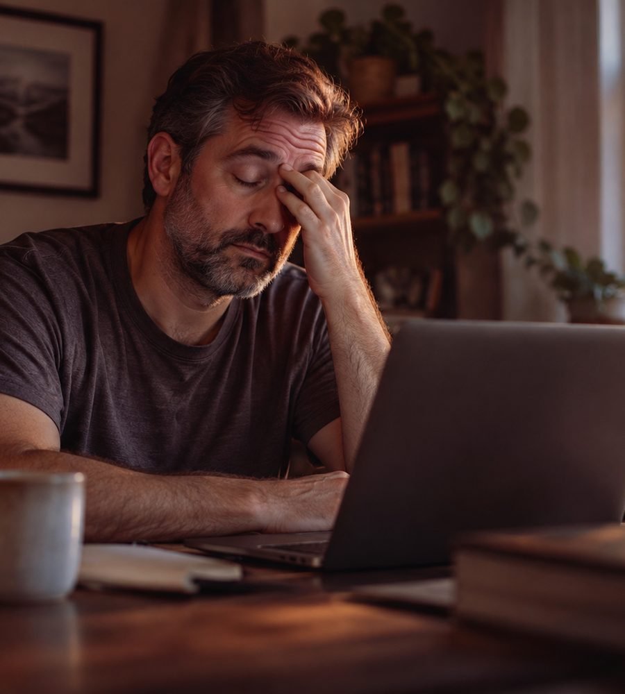 Man in his 40s rubbing his eyes at a laptop in the late afternoon — symbolic image of afternoon fatigue